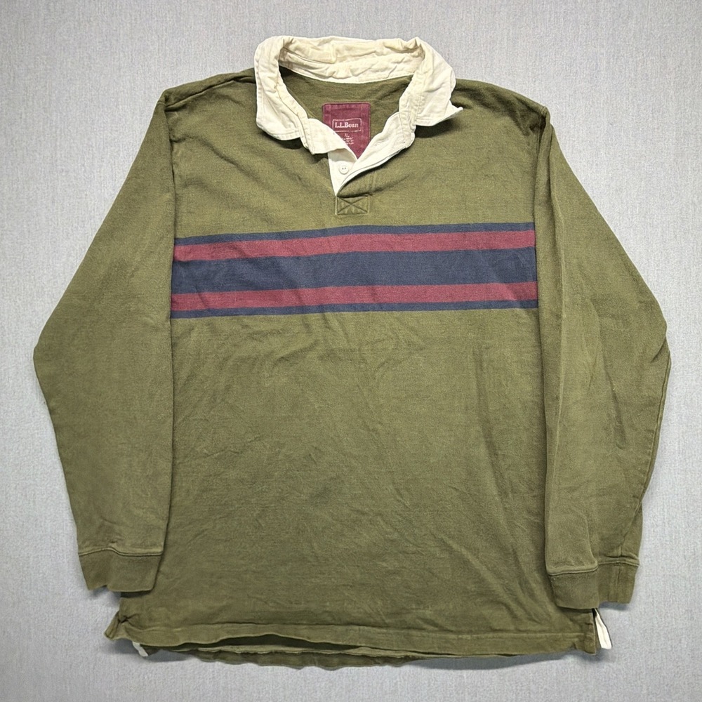 Vintage LL Bean Rugby Shirt Mens XL Green Striped Long Sleeve